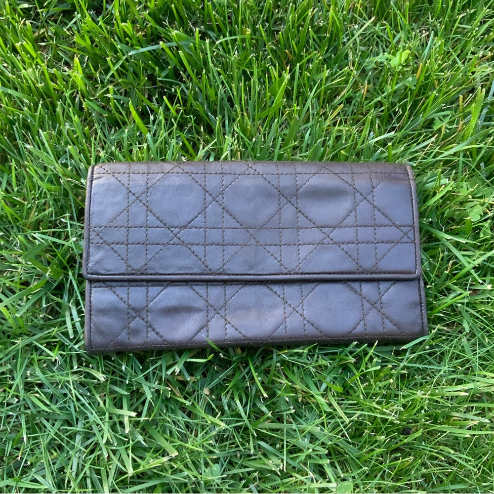 Christian Dior Vintage Cannage Long Wallet Black Leather Unisex.